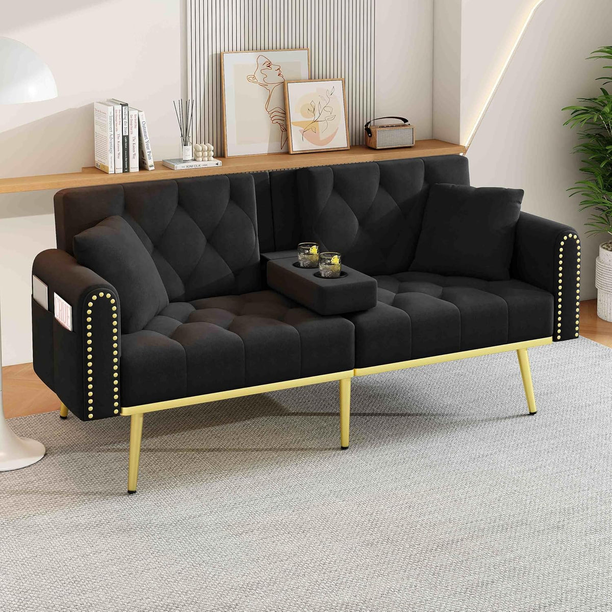 Lahoomu Sofa, Schwarz/Gold, Doppelt ausklappbares Schlafsofa mit Liegefunktion, DREI verstellbaren Neigungswinkeln und Getränkehalter，