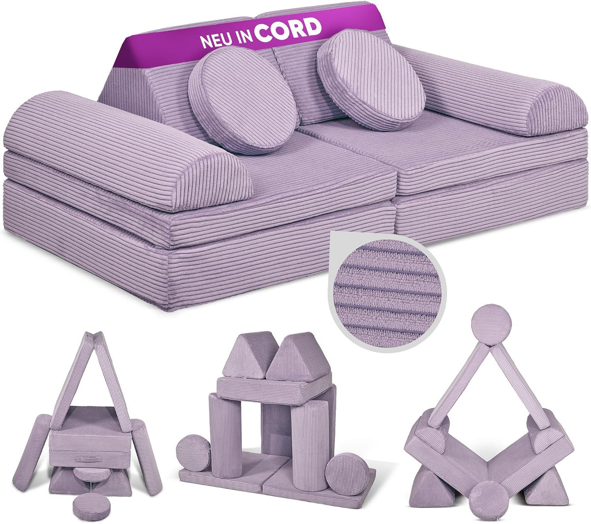 Sofa Linodino, Lila, ® Spielsofa Cord Fantasiewelt, Kindersofa-Bausteine - Stapelsteine für Kinder - Kindercouch