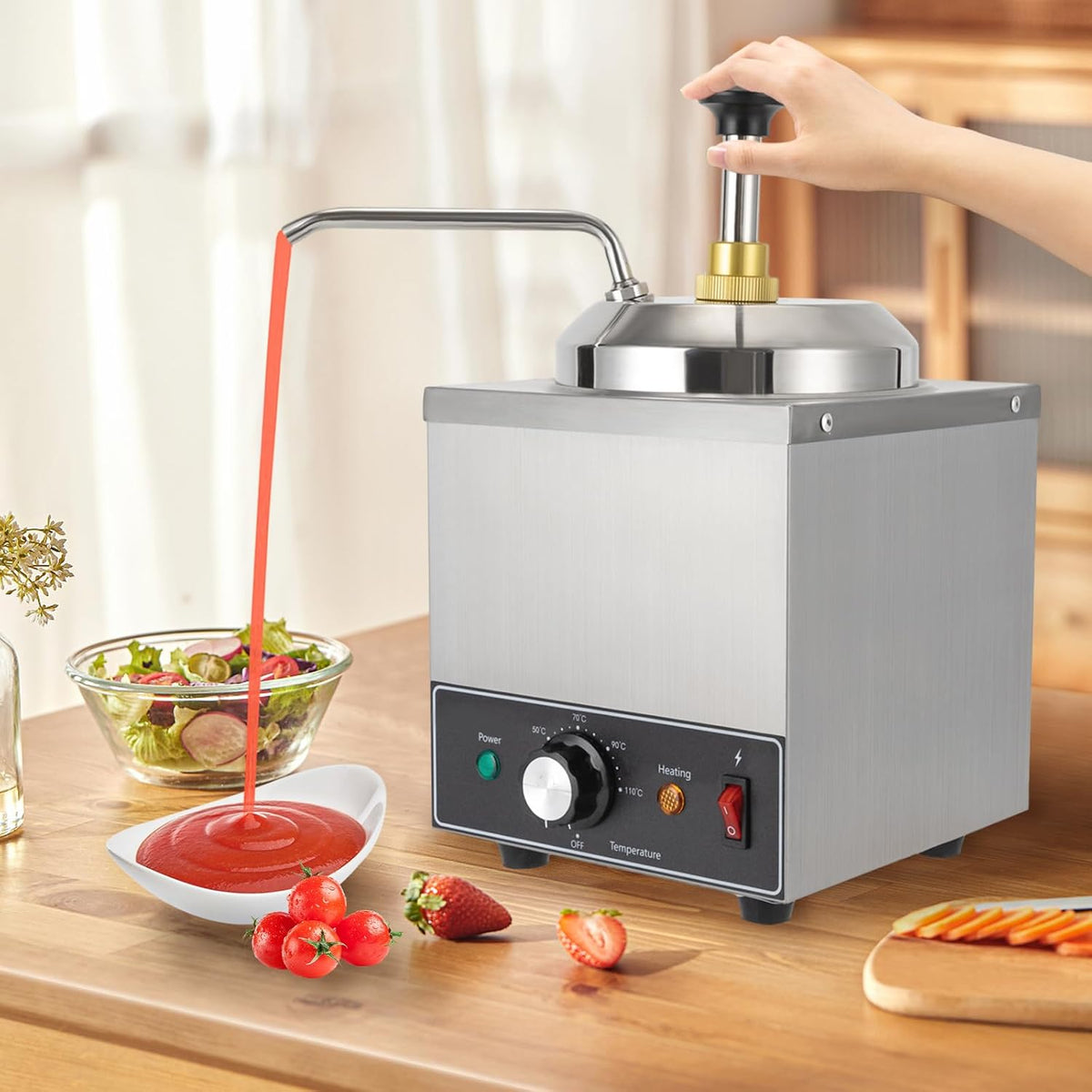 Mqwdxzfes Stövchen & Speisewärmer, 2 L/2.1QT, 650 W, 201 Edelstahl, Silber, 2 L Edelstahl Sossenspender, Sossenwärmer Elektrisch mit Pumpe