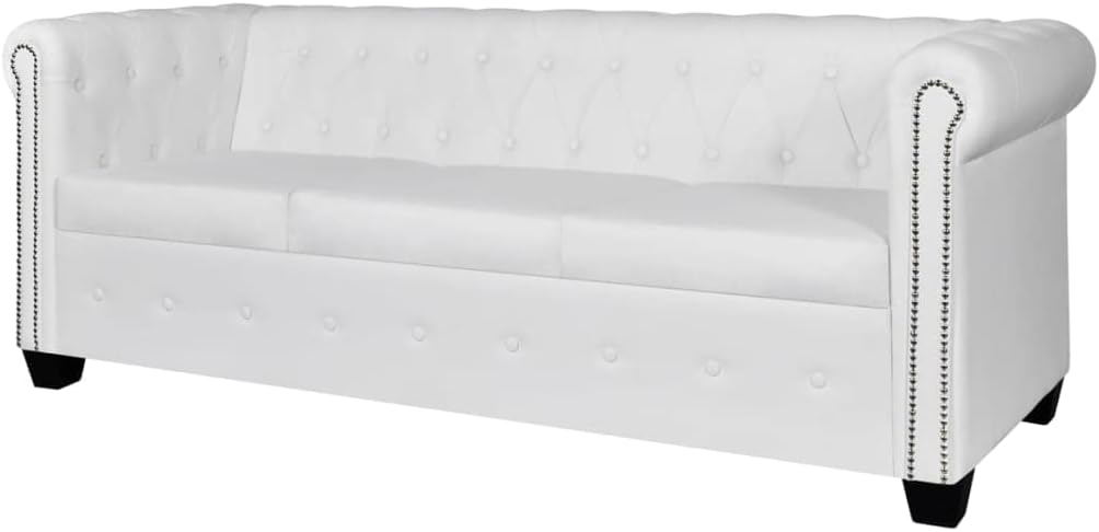 Sofa Emmtore, Kunstleder-Bezug + Holz-Rahmen, Weiss, Chesterfield- 3-Sitzer Kunstleder Ledersofa Polstersofa