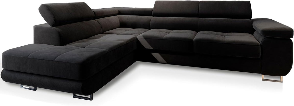 Masseno Sofa, Schwarz, Wohnzimmersofa, Ecksofa Selva L-S mit Schlaffunktion L-Form, Glamour mit Bettkasten, Couch