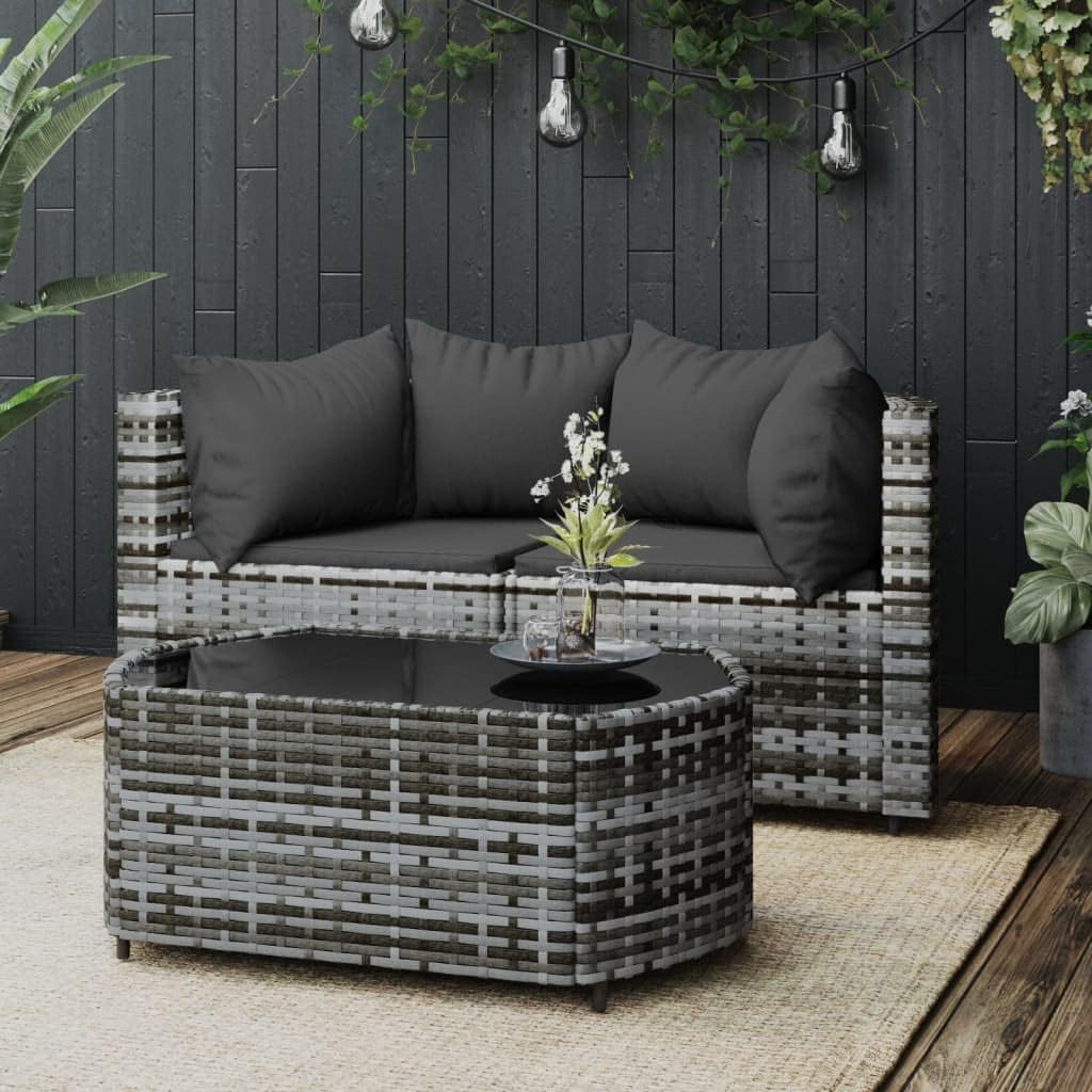 Hovothy Sofa, Grau/Schwarz, 3-TLG. Garten-Lounge-Set mit Kissen Grau Poly Rattan Balkon