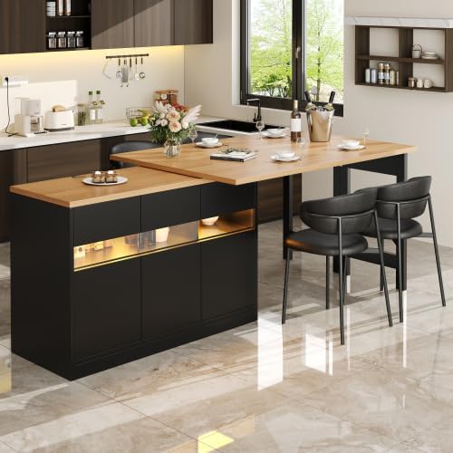 Merax Sideboard, 180 cm, Schwarz/Holz, Ausziehbarer Bartisch mit LED-Beleuchtung, Höhenverstellbar (120- ), Multifunktionales mit Glastüren