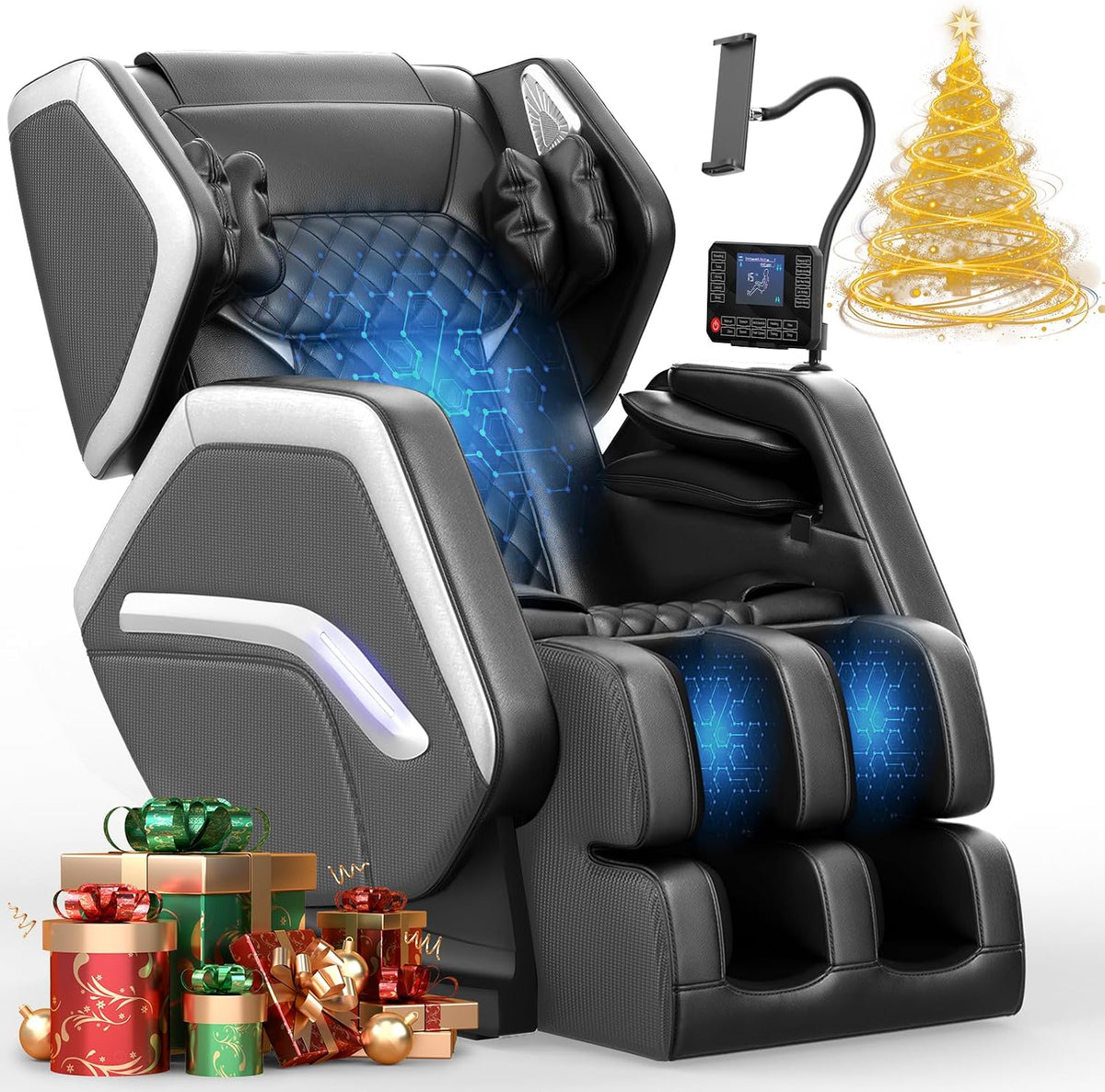 NAGLIFOR Audiogerät, Grau, Massagesessel, Ganzkörper-Massagestuhl mit 14 Rollen, 8 Airbags Massage, Heizfunktion