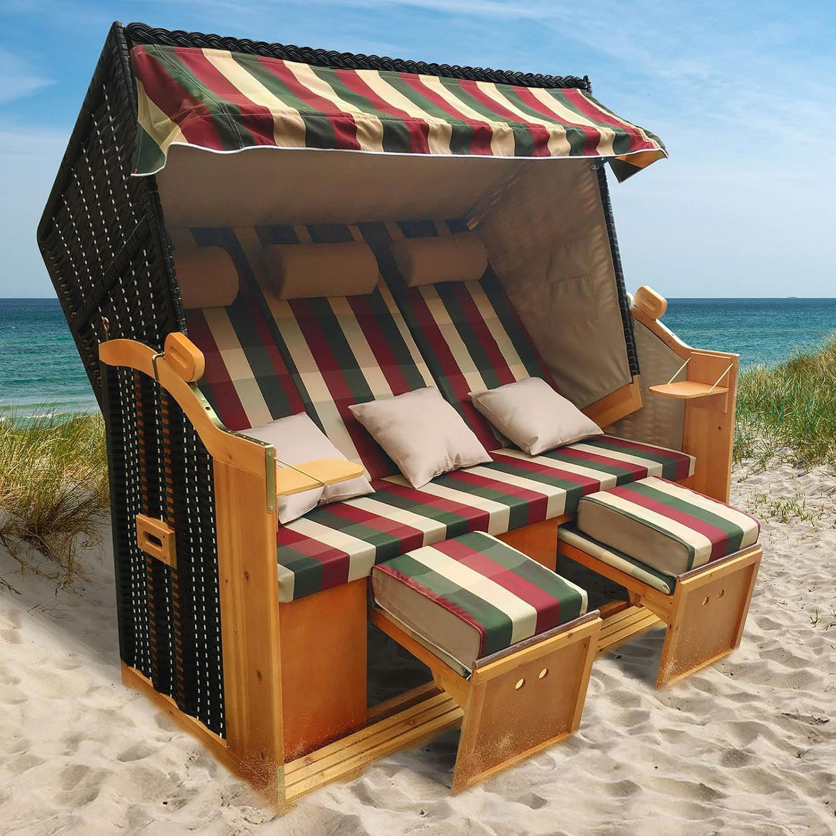 BRAST Markise, 165 cm, Rot/Grün/Beige, ® Strandkorb Usedom 3-Sitzer XXL für 2-3 Personen, breit, 5 Designs, inkl. wetterfeste Abdeckhaube