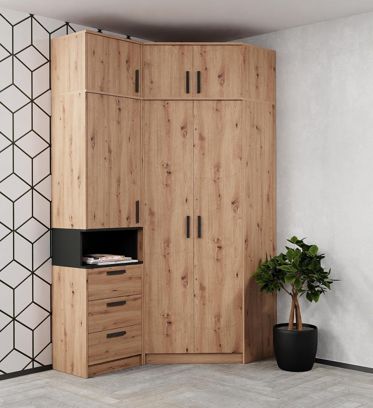 Marmex Meble Bücherregal, Holzoptik/Schwarz, Grant Set 12A hohe Eckgarderobe, geräumiger Eckschrank Schrank mit Regal und Aufsätzen