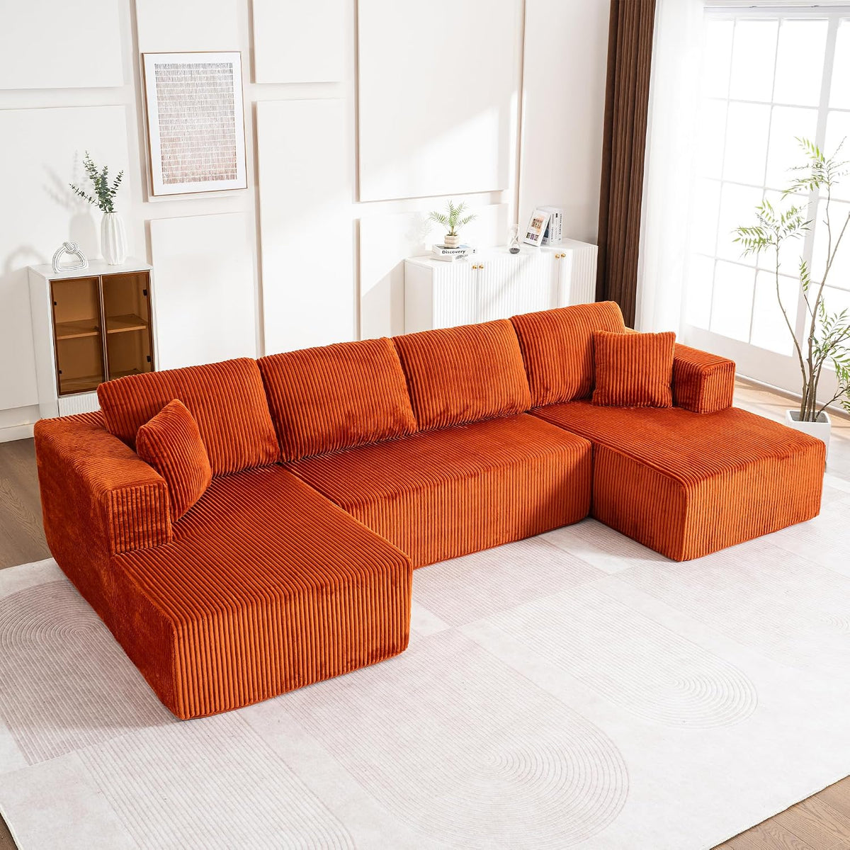 Sofa Muskel, Orange, Modular U-Form Ecksofa aus Cord, Vollkomprimiertes Boneless Couch ohne Montage, mit Chaiselongue Schlaffunktion
