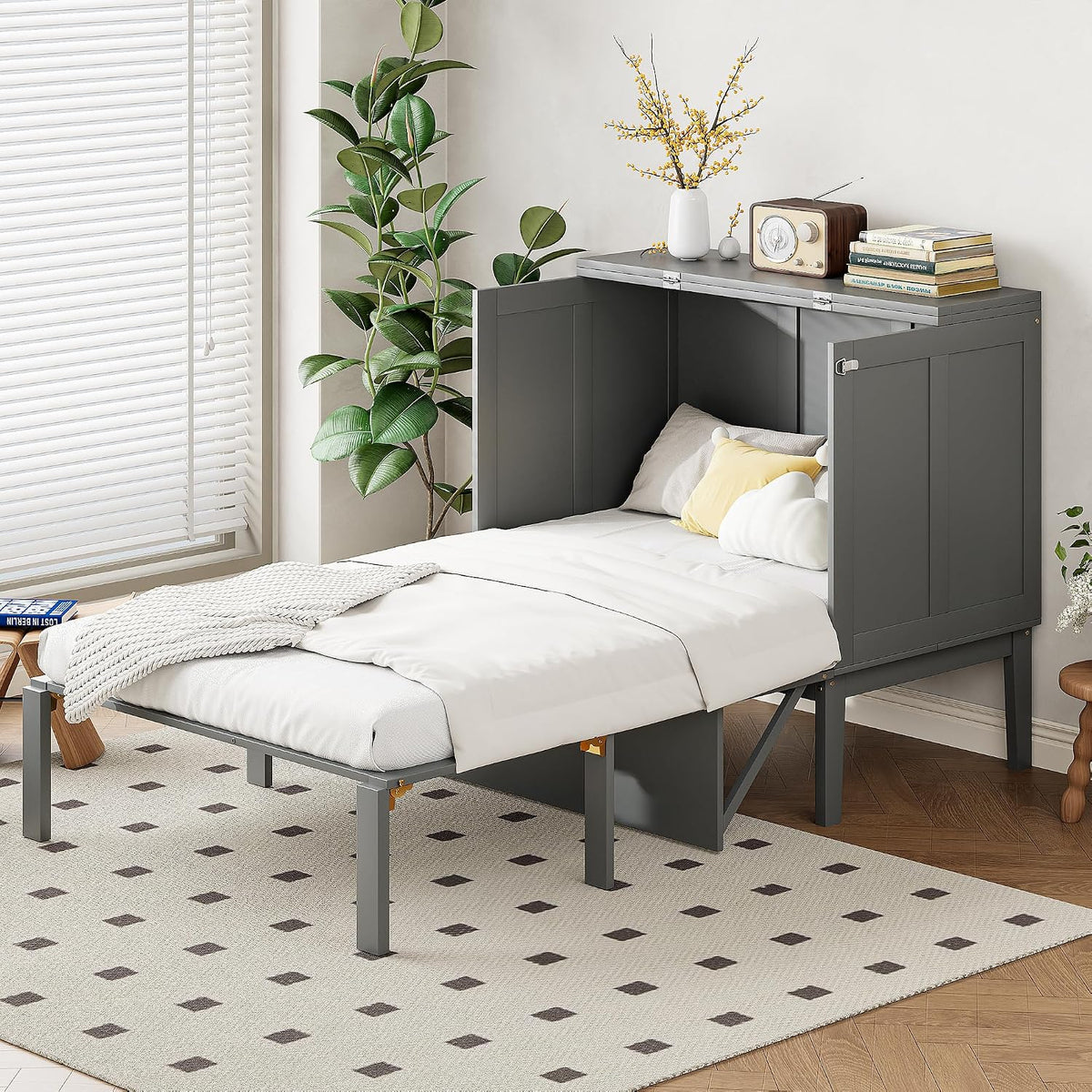 TOBIDOEN Bett, 90x200 cm, Grau, Schrankbett Funktionales Klappbett, Wandklappbett mit Schrank, Zusammengeklappt als Theke Nutzbar