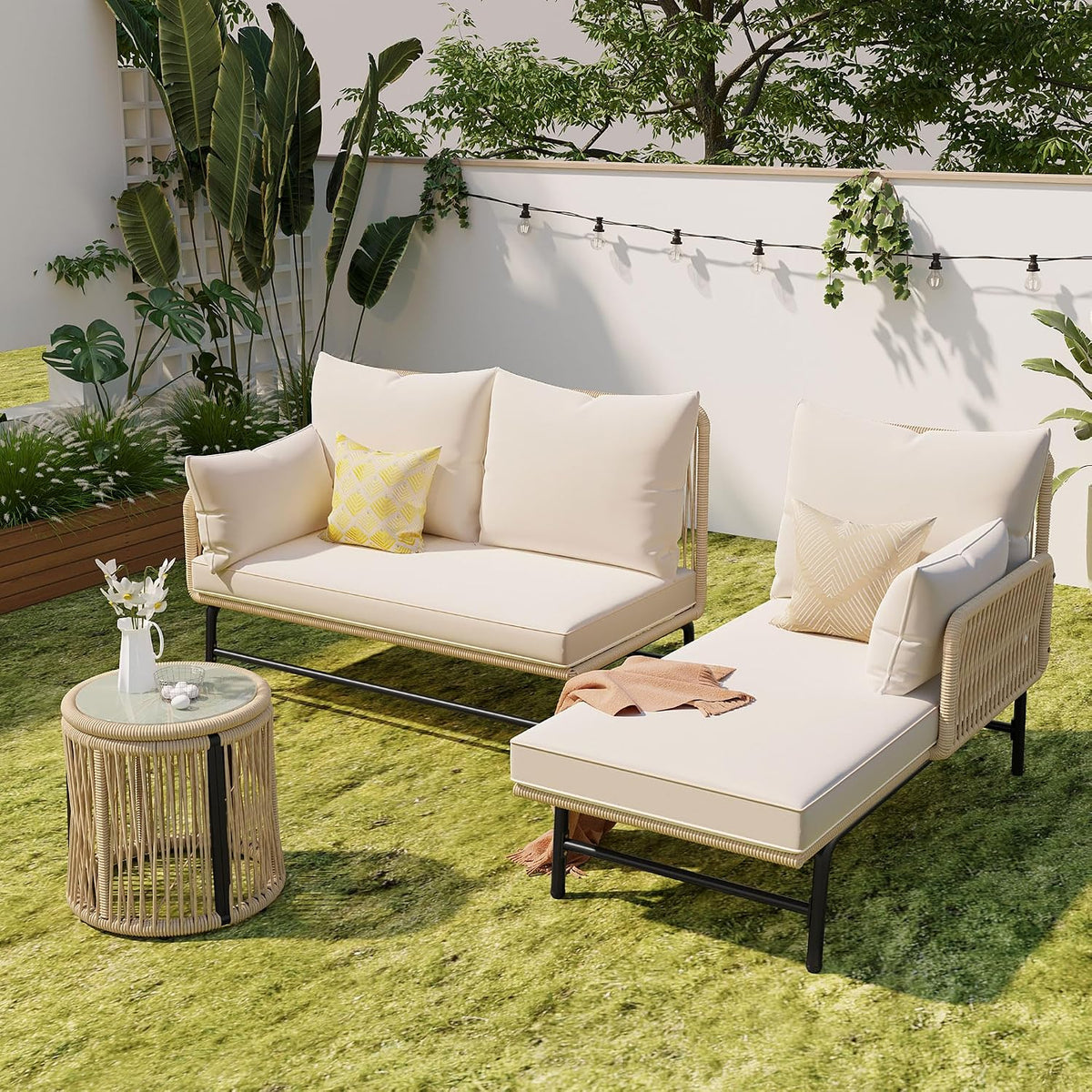 Gartenmöbel-Set Moimhear, Beige, Gartenlounge-Set, Gartenlounge mit Eisengestell und beigem Seilbezug