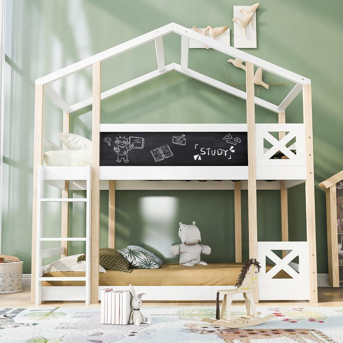 ANIROY Bett, 90 x 200 cm, Weiss/Natur, Kinderbett Baumhaus mit Rutsche & Leiter, Hochbett für Kinder, 2X Lattenrost