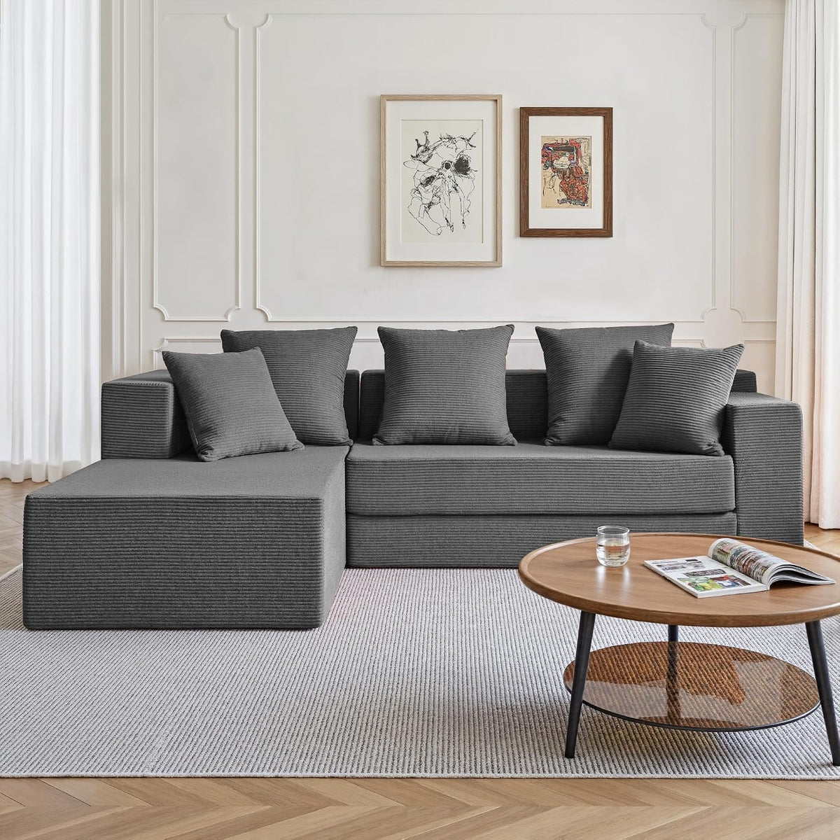 YINIX Sofa, 235 cm, Grau, Modulares Ecksofa L-Form, Wolkensofa mit Schlaffunktion, Cord Wohnlandschaft mit Metallrahmen