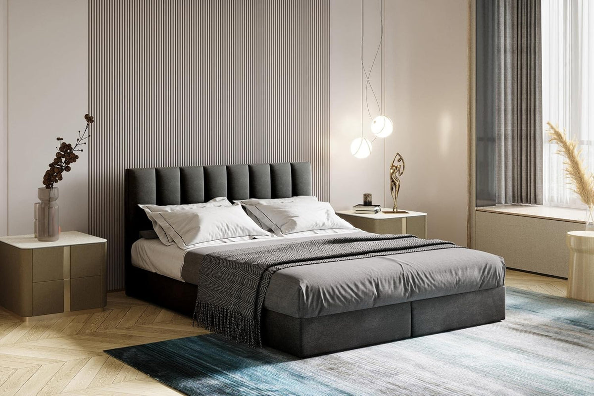 TRADA Bett, 160 x 200 cm, 5 cm, Dunkelgrau, Boxspringbett mit Bettkasten und Bonellmatratze H3 - City
