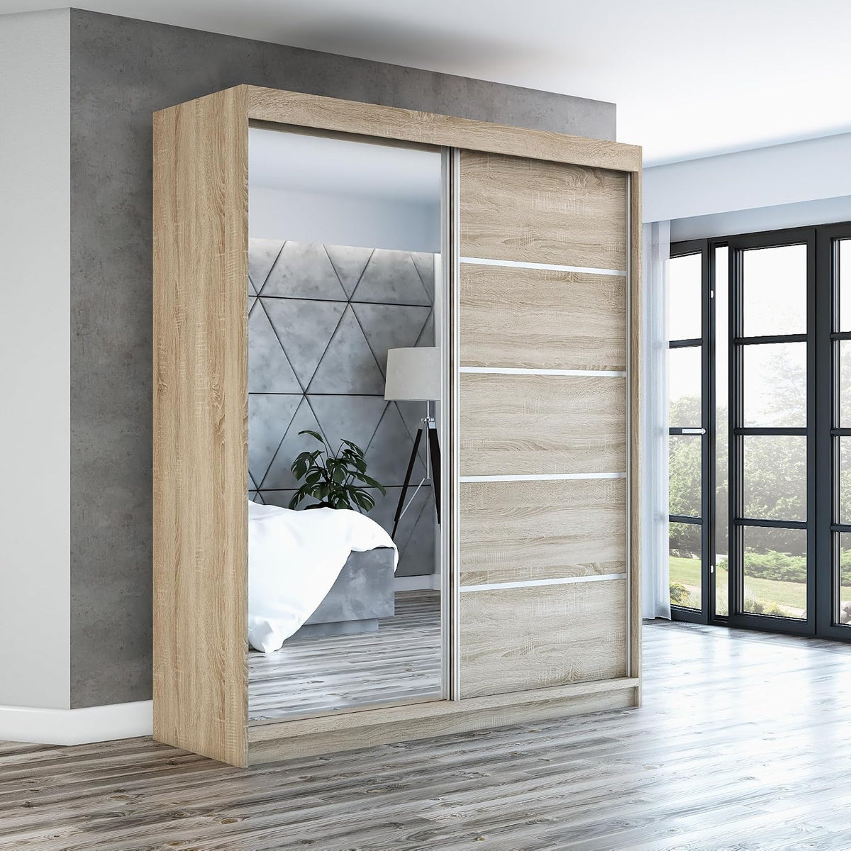 Kleiderschrank A&J MöbelLand, 160 cm, Sonoma, Schwebetürenschrank GAPI 2-türig mit Spiegel, Garderobe ( / / )