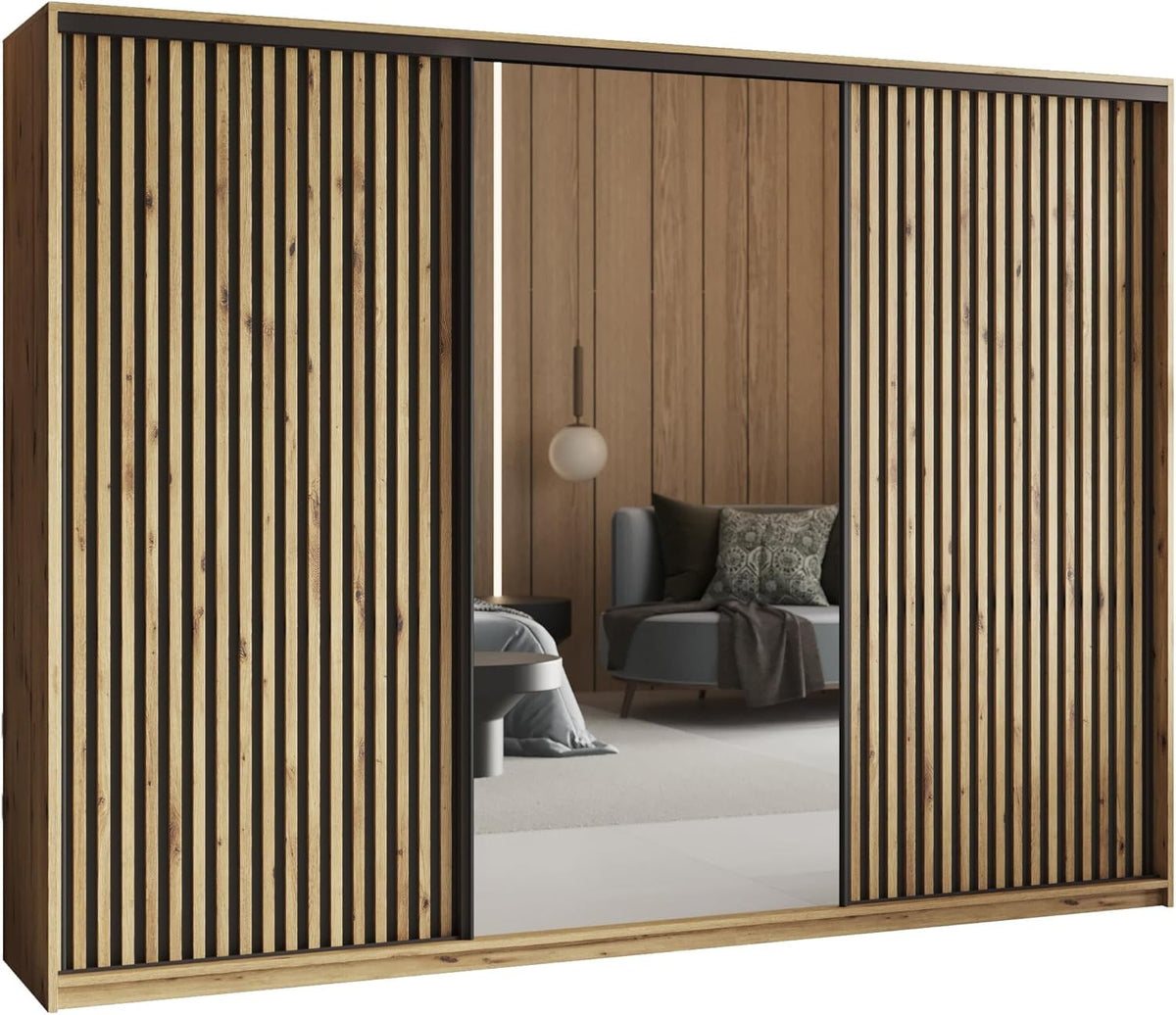Kleiderschrank Masseno, 60 cm, Eiche/Schwarz, Schwebetürenschrank ORRA 270/205/ mit Spiegel und Lamellen