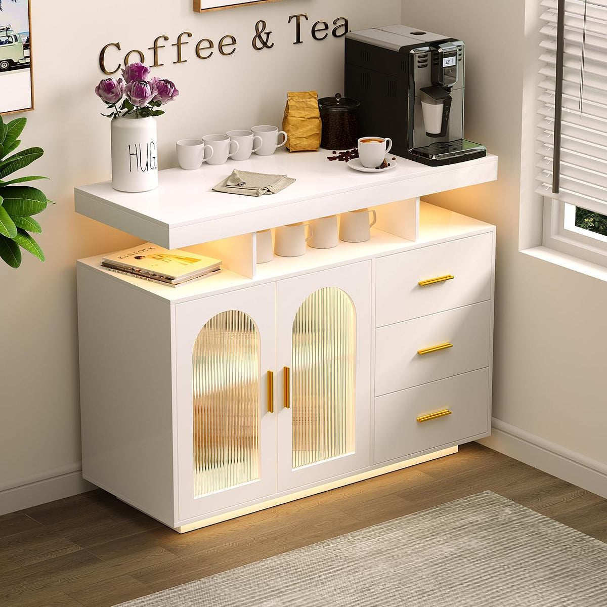 FREDEES Buffetschrank, Weiss, küchenschrank Sideboard mit 3 Schubladen, mit Auto-Sensor 20 Farbe Lichter Konsolentisch