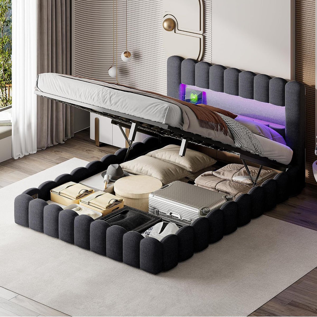 DULRLLY Bett, Dunkelgrau, Polsterbett Bubble 140 x 200 Doppelbett mit Hydraulisch, USB-Ladefunktion und LED-Beleuchtung