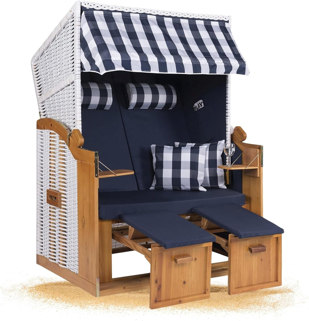 Strandkorb Hanse Sitzbank, 120 cm, Weiss/Blau, Ostsee XXL Volllieger Weiss Blau - 2-Sitzer breit, Terrasse und Balkon (Weiss Blau Uni