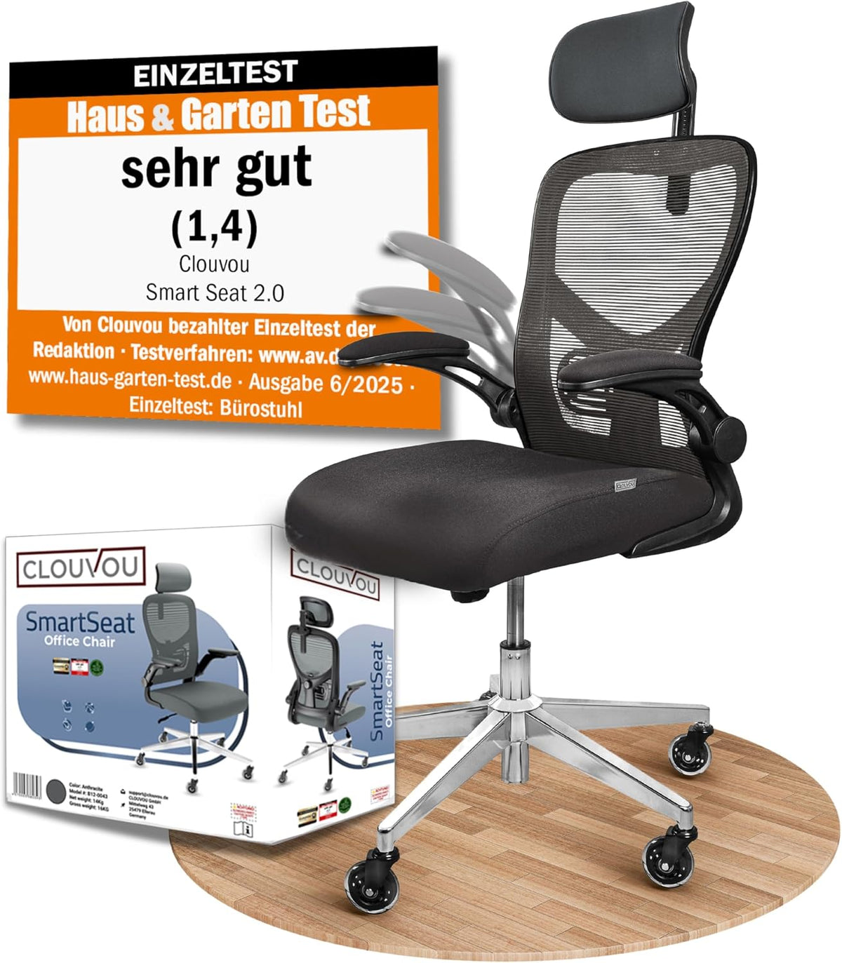CLOUVOU Schreibtisch, 150 kg, Schwarz/Grau, SmartSeat Bürostuhl Ergonomisch [TESTSIEGER], Büro Stuhl & Gaming Stuhl