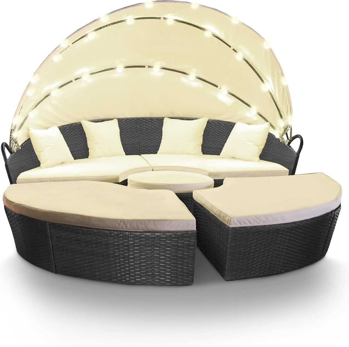 Sofa Swing & Harmonie, 180 cm, Schwarz/Beige, Sonneninsel - Poly Rattan Lounge - mit LED Beleuchtung -, Schwarz)