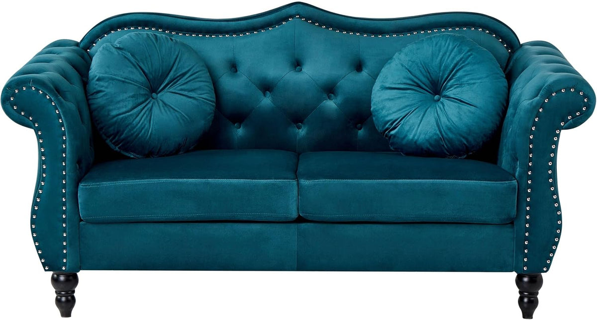 Sofa Beliani, Samtstoff, Blaugrün, 2-Sitzer Samt gepolstert gesteppt mit Kissen luxuriös