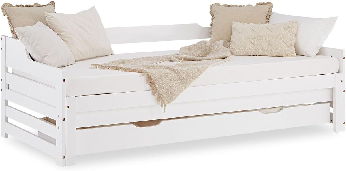 Homestyle4u Bettrahmen, Weiss, Kinderbett Einzelbett Holzbett Tagesbett 90x200 ausziehbar