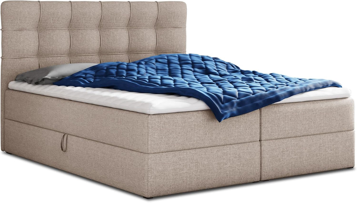 Sofnet Boxspringbett, 180 x 200 cm, Beige/Blau/Grau, Doppelbett mit Bonell-Matratze und Topper, Polsterbett, Bett