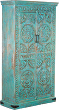 DRW Kleiderschränke, 100 x 40 x 180 cm, Blau, Schrank mit 2 Türen, dekoriert, aus Holz, ethnischer orientalischer Stil