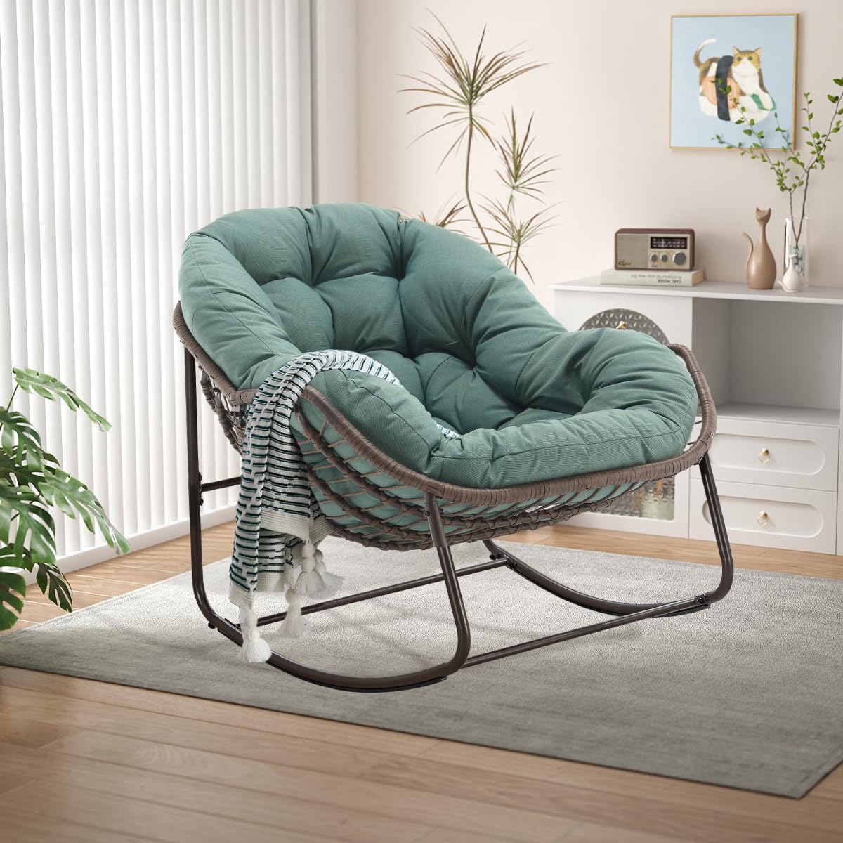 LIFEISLE Schaukelstuhl, Grün/Braun, Schaukelsessel mit Rattan, Loungesessel drinnen & draussen, Ei- für Wohnzimmer Balkon Garten Outdoor und Indoor