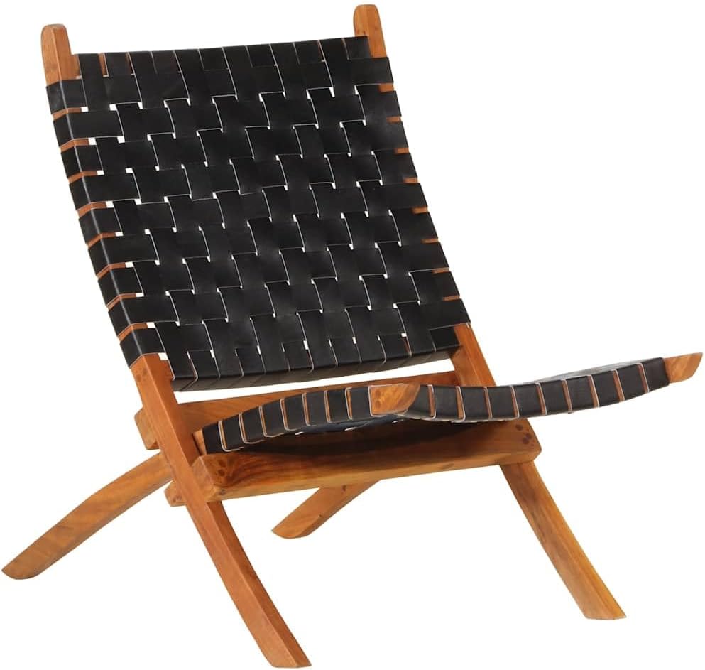 RCODSSK Relaxsessel, Ziegenleder, massives Akazienholz, Schwarz/Braun, Relaxstuhl Klappbar Braun Echtleder Faltbarer Sessel
