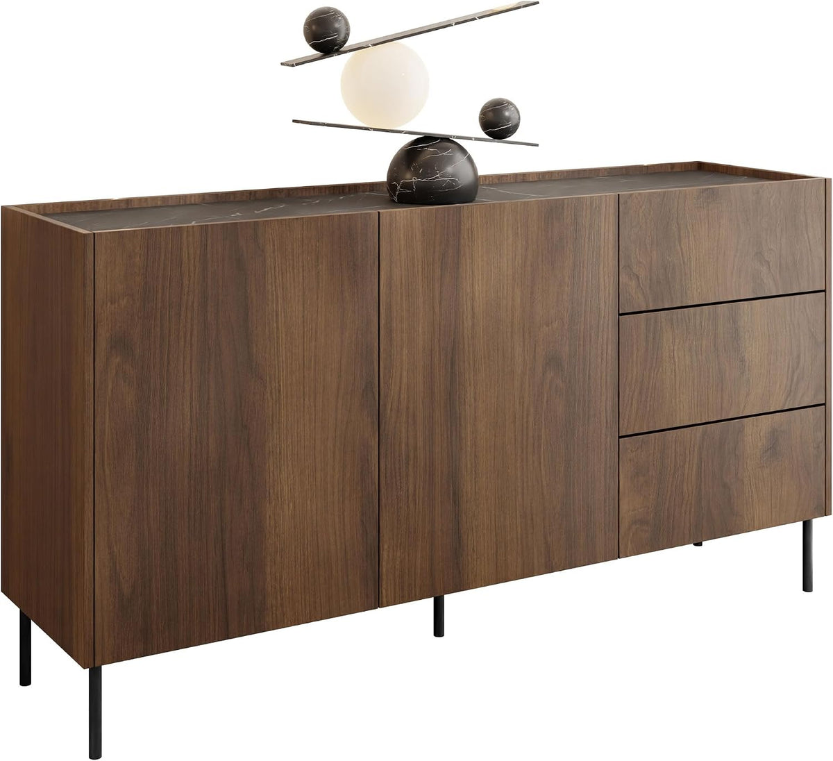 Mirjan24 Sideboard, Nussbaum/Schwarz, Kommode Tewos K160 3SZ, Kombikommode mit 2 Türen und 3 Schubladen, Aufbewahrungsschrank