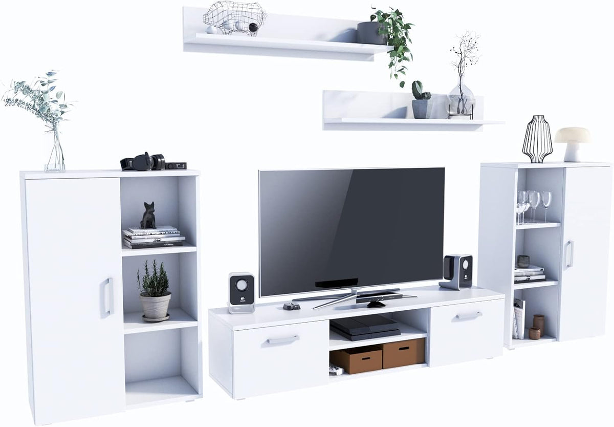 MATKAM Sideboard, Weiss, Wohnwand Herkules II, Schrankwand Wohnzimmer Modern, Wohnzimmerschrank mit Fernsehtisch