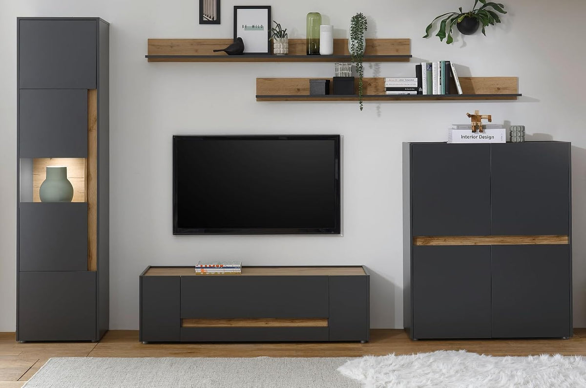 TV-Schrank Furn.Design, 330 x 197 cm, Grau/Eiche, Lowboard, Wohnwand Schrankwand in grau matt und Eiche Wotan Moderne