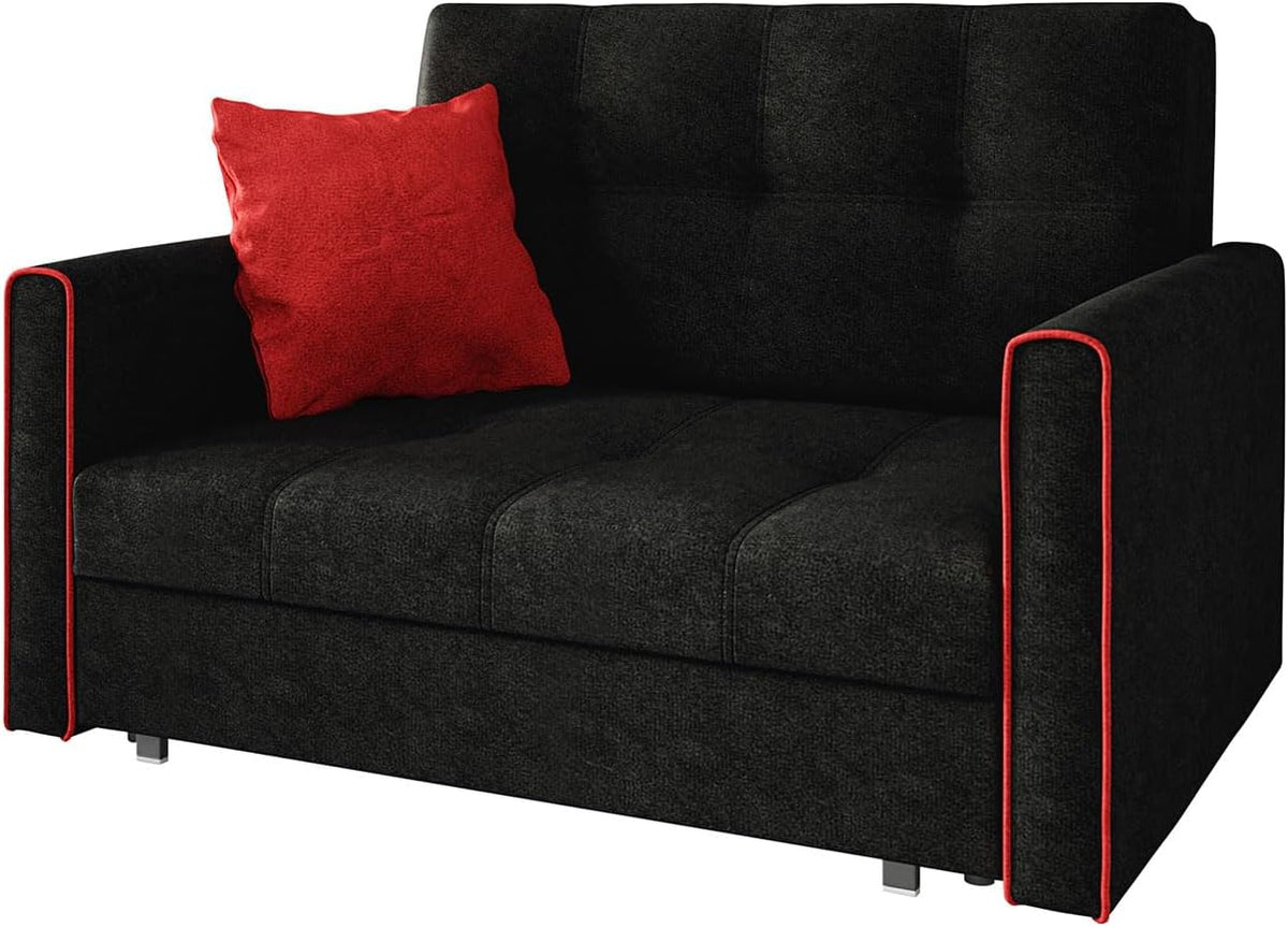 Sofa Mirjan24, Schwarz/Rot, Viva Bis II mit Schlaffunktion, 2 Sitzer Polstersofa mit Bettkasten inkl. Kissen, Schlafsofa Sofagarnitur