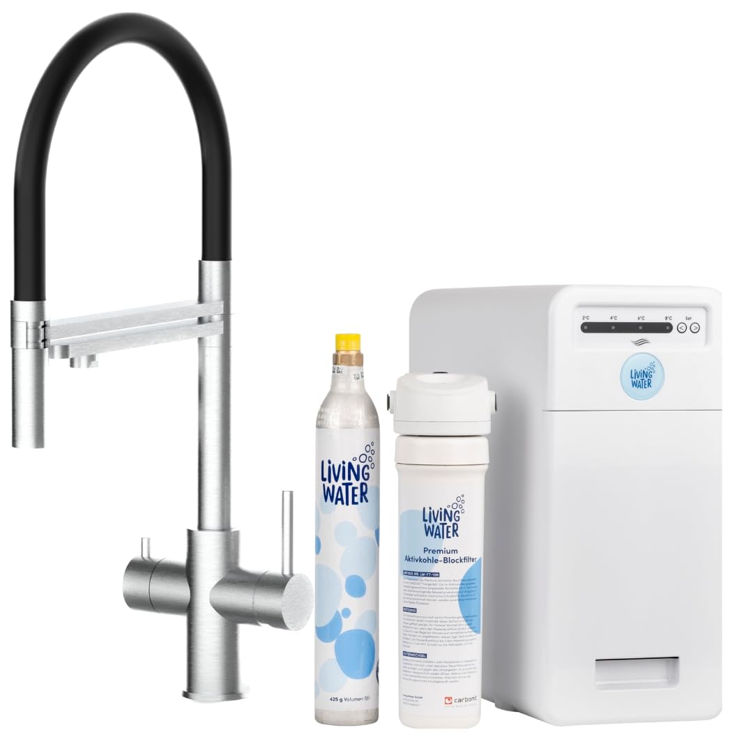 LiViNG WATER Filterkannen, Silber, Sprudel-Wasserhahn mit Kohlensäure, Untertisch-Trinkwassersystem mit 5-Wege-Edelstahl-Armatur