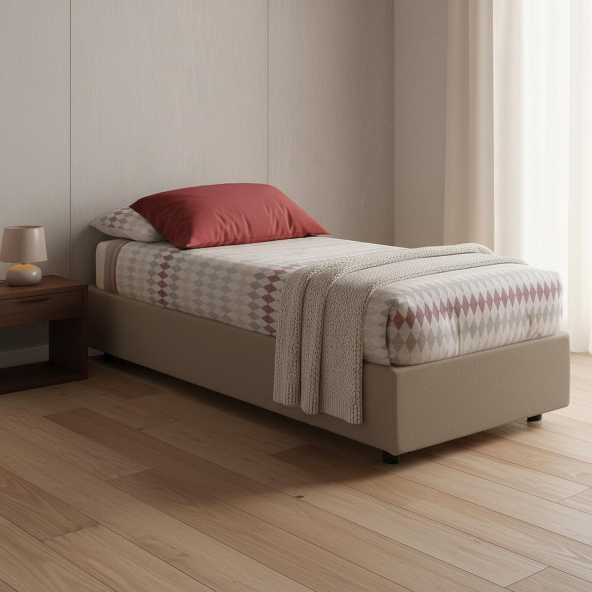 Dmora Bett, 80 x 200 cm, Taupe, Talamo Italia - Einzelbett Irene, Bettkasten mit Kunstlederbezug, 100 % Made in Italy
