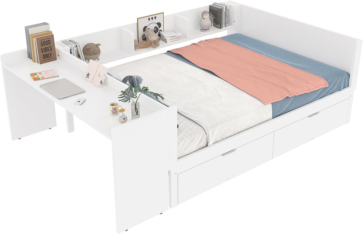 SOFTWEARY Bett, 140x200 cm, Weiss, Jugendbett mit Schubladen, Lattenrost und Schreibtisch, Doppelbett mit Regal
