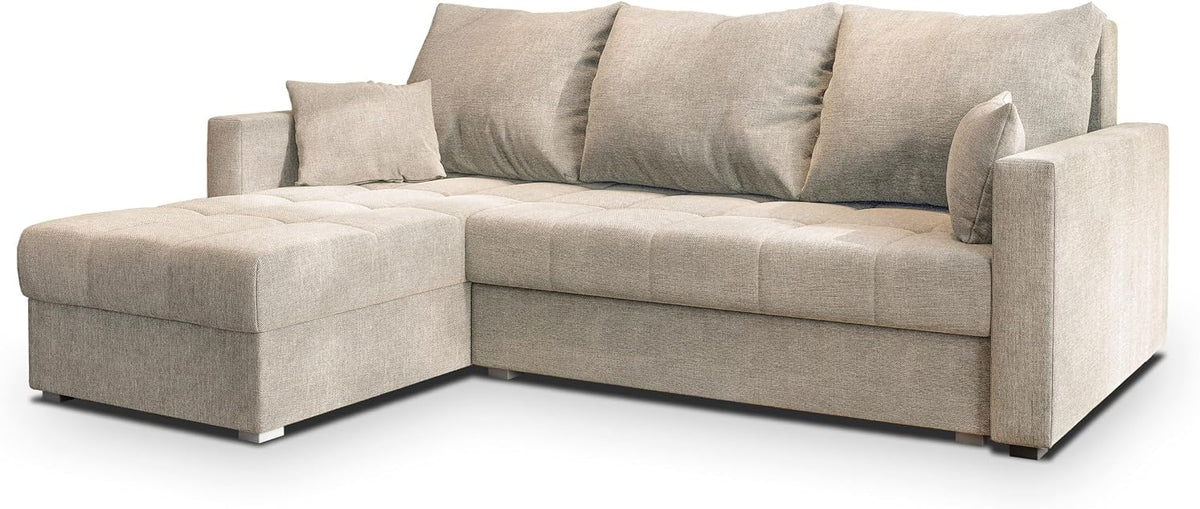 Sofa Masseno, Beige, Wohnzimmersofa, Ecksofa NIDA mit Schlaffunktion L-Form, mit Bettkasten, Couch, Soffa, Bettsofa