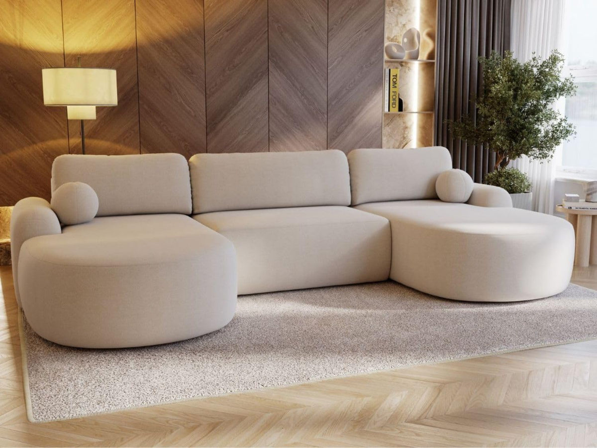 Sofa GRAINGOLD, 347x177 cm, Creme, Aurio Ecksofa mit Schlaffunktion & Bettkasten, U-Form mit Stauraum, Schlafcouch für Wohnzimmer
