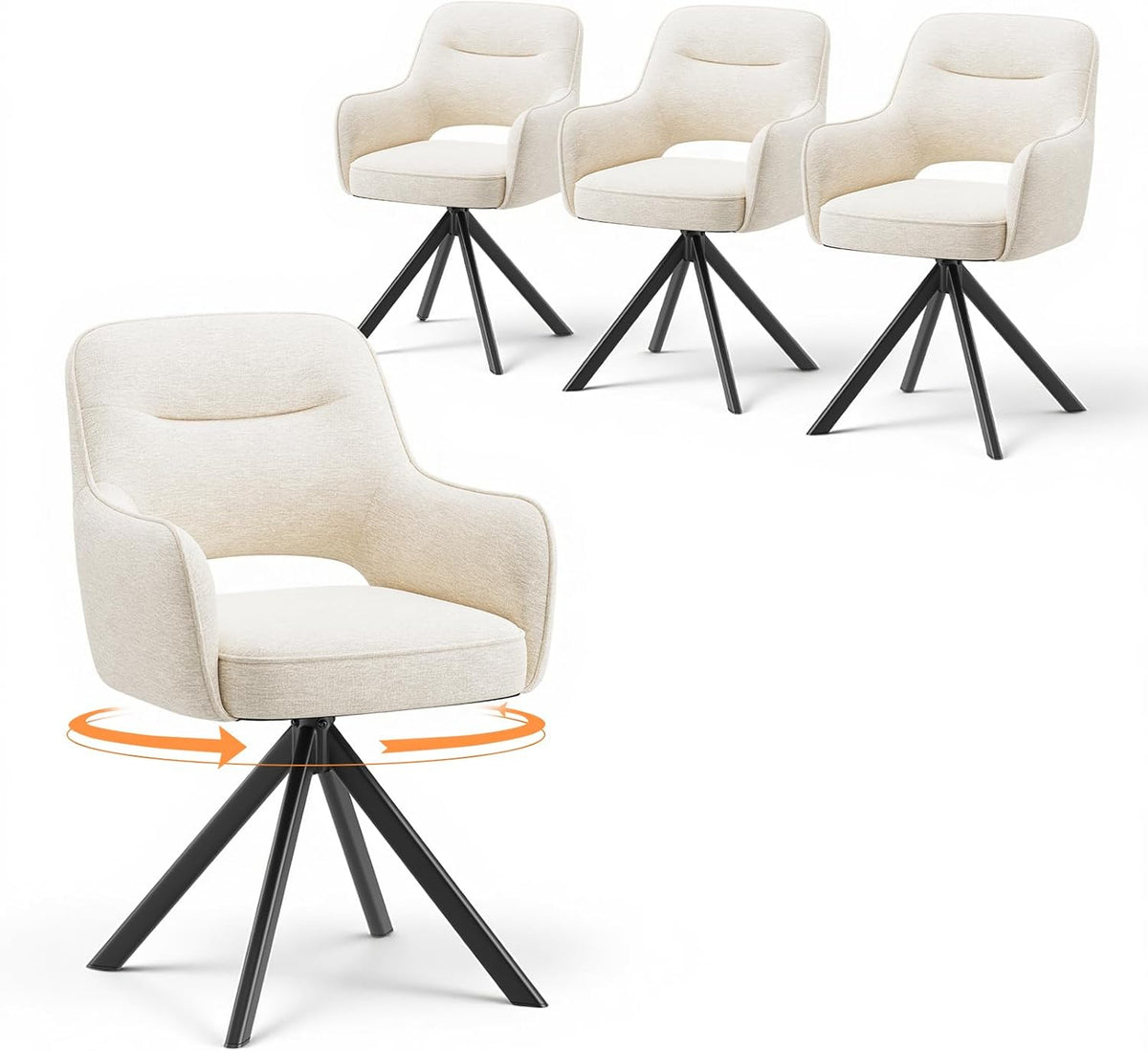 COLAMY Esszimmerstühle, Beige/Schwarz, Drehbare 4er Set mit Armlehnen, Drehbare Polsterstühle für Küche & Esszimmer aus weichem