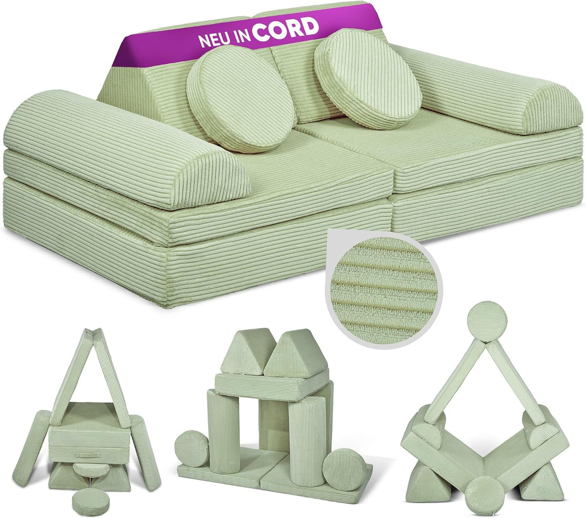 Sofa Linodino, Avocado Grün, ® Spielsofa Cord Fantasiewelt, Kindersofa-Bausteine - Stapelsteine für Kinder - Kindercouch