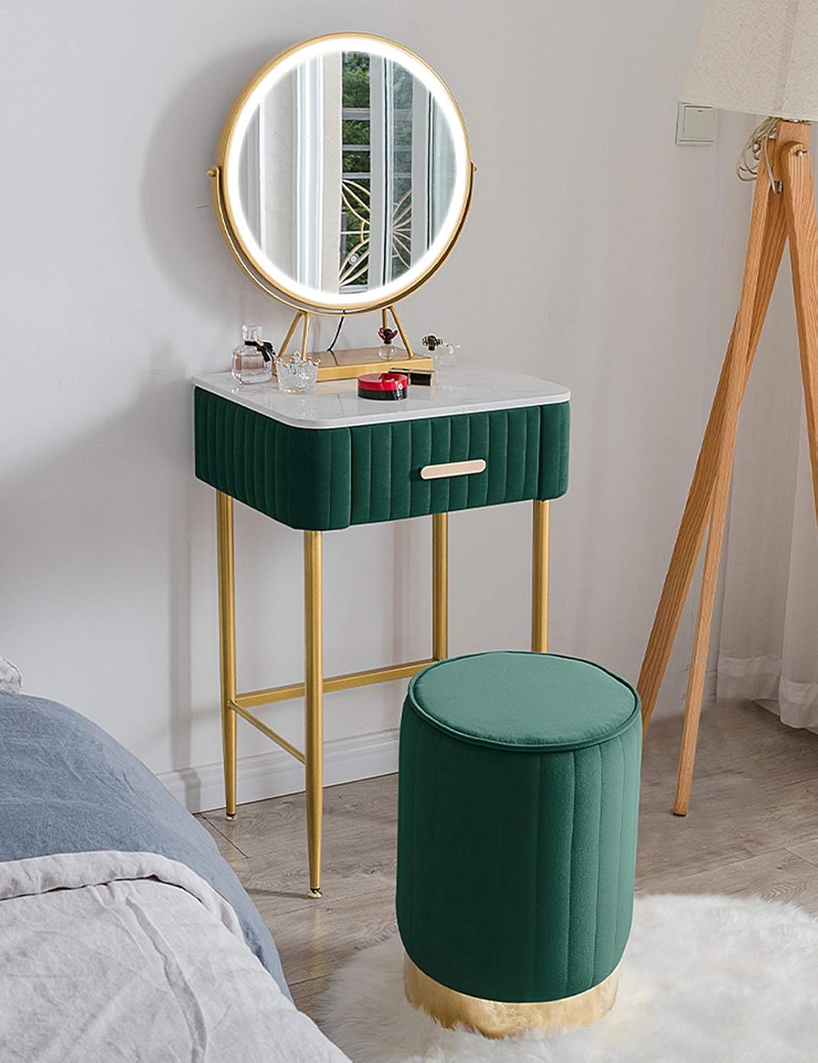 Schminktisch, Grün/Gold/Weiss, mit Schubladen, LED-Leuchten mit Einstellbarer Helligkeit, Spiegel, Moderne Frisiertische fürs Schlafzimmer