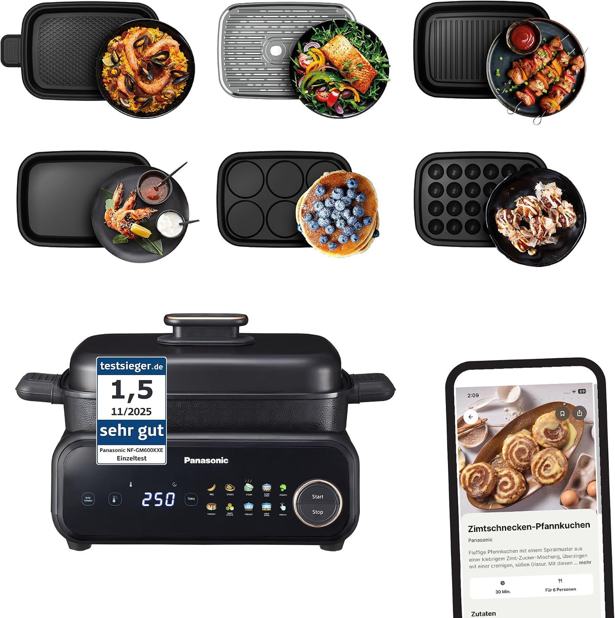 Panasonic Geschirrspüler, 1400 W, Grau, NF-GM600 6-in-1 Elektro-Multikocher, Elektro Tischgrill, Testsieger 1.5