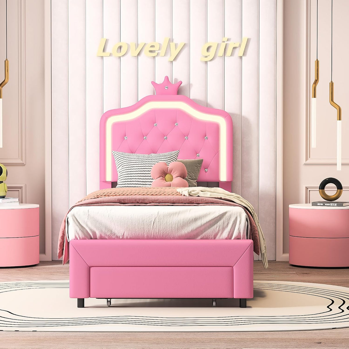 Marooma Bett, 90×200 cm, Rosa, Mädchenbett, Kronenförmiges LED-Prinzessinnenbett, Polsterbett mit Schubladen, Lattenrost