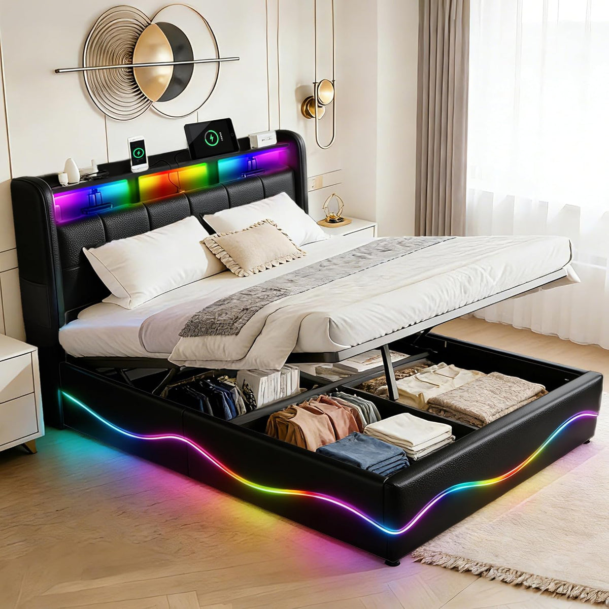 XMFFPM Bettrahmen, 160x200 cm, Schwarz, Polsterbett mit Stauraum, Lederrückwand, USB & Type-C-Anschlüssen, LED-Beleuchtung