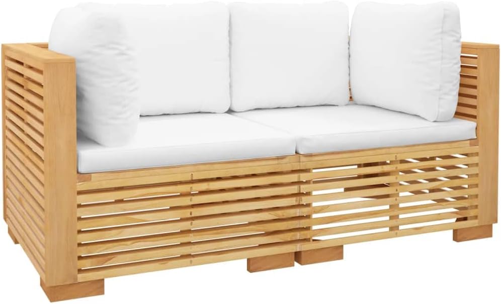vidaXL Sofa, Massives Teakholz mit Finish auf Wasserbasis, Stoff (100 % Polyester), Natur/Weiss