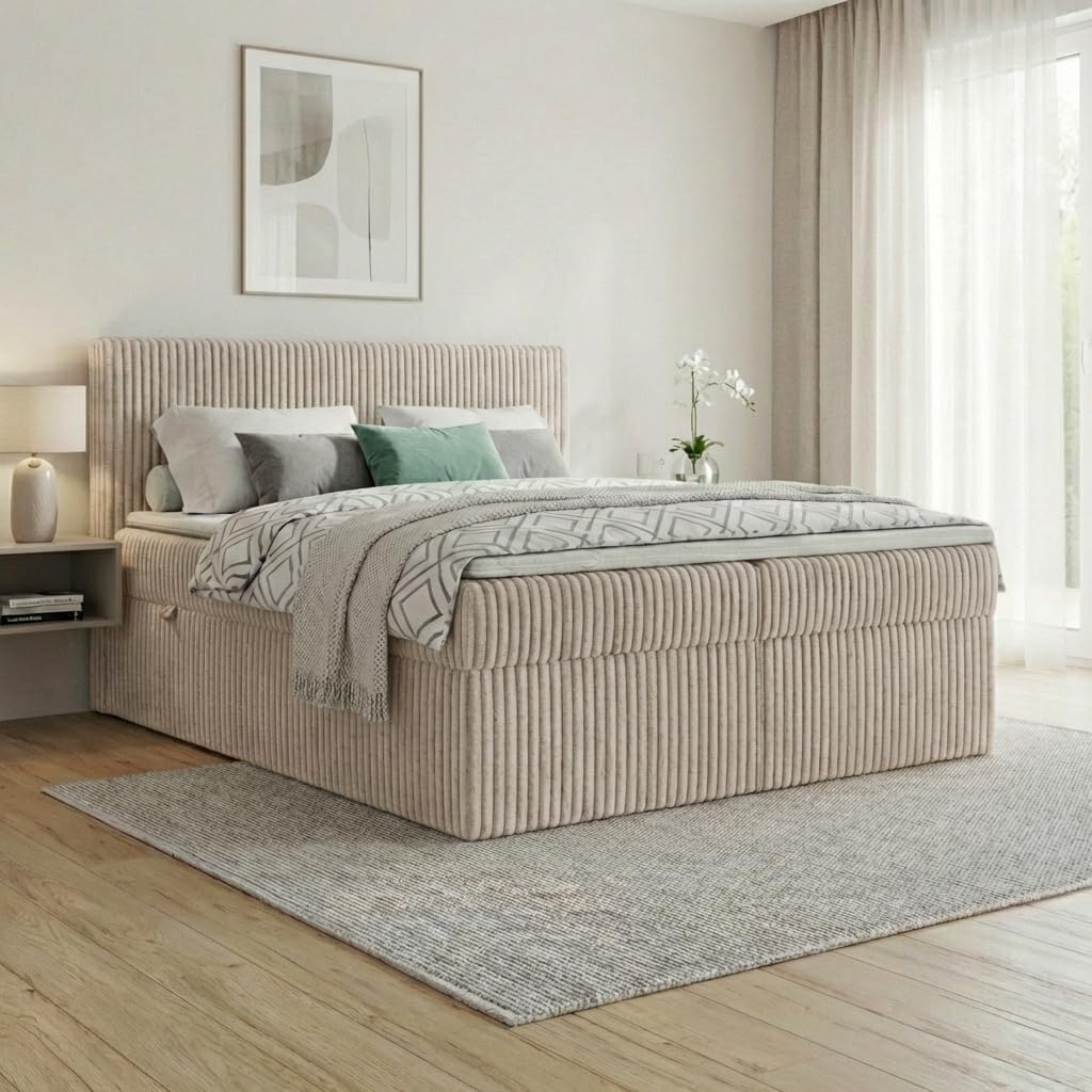 A&J MöbelLand Bett, Beige, Boxspringbett RALF 120x200 mit Bettkasten und Topper, Bonellmatratze H2, Stauraum