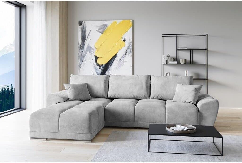 ML Furniture Ltd Sofa, 289 x 189 cm, Grau, ML Velvet Ecksofa in L-Form, Couch mit Stauraum und Kissen - Ausziehbares Schlafsofa