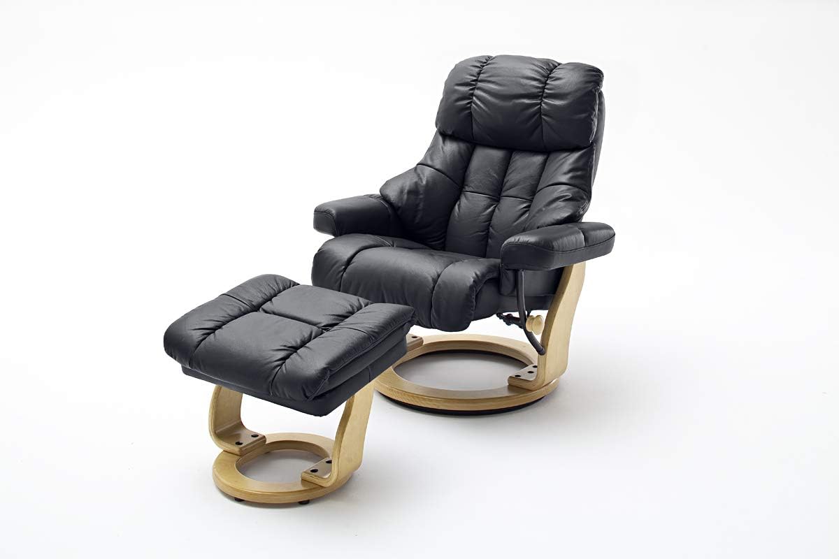 Robas Lund Relaxsessel, 180 kg, Schwarz/Natur, Calgary XXL mit Hocker, bis belastbar, Echtleder schwarz, Gestell Holz natur