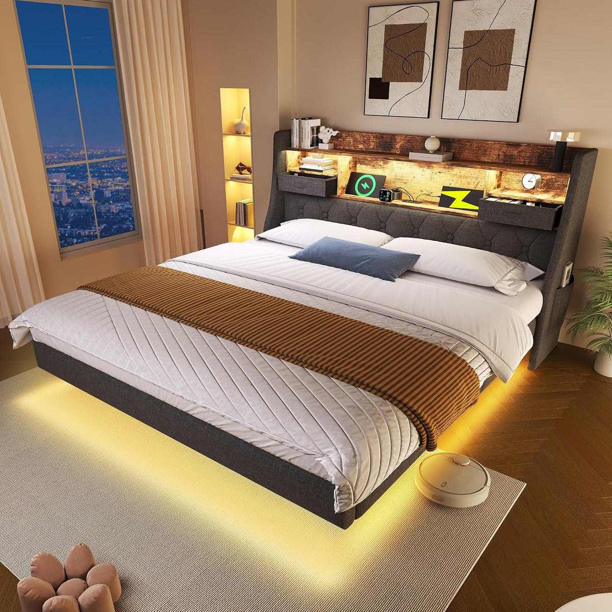 Zepneiy Bettrahmen, 160 x 200 cm, Grau, Bett mit 1 Typ-C 3 USB-Anschlüssen und LED-Beleuchtung, moderner Polsterrahmen