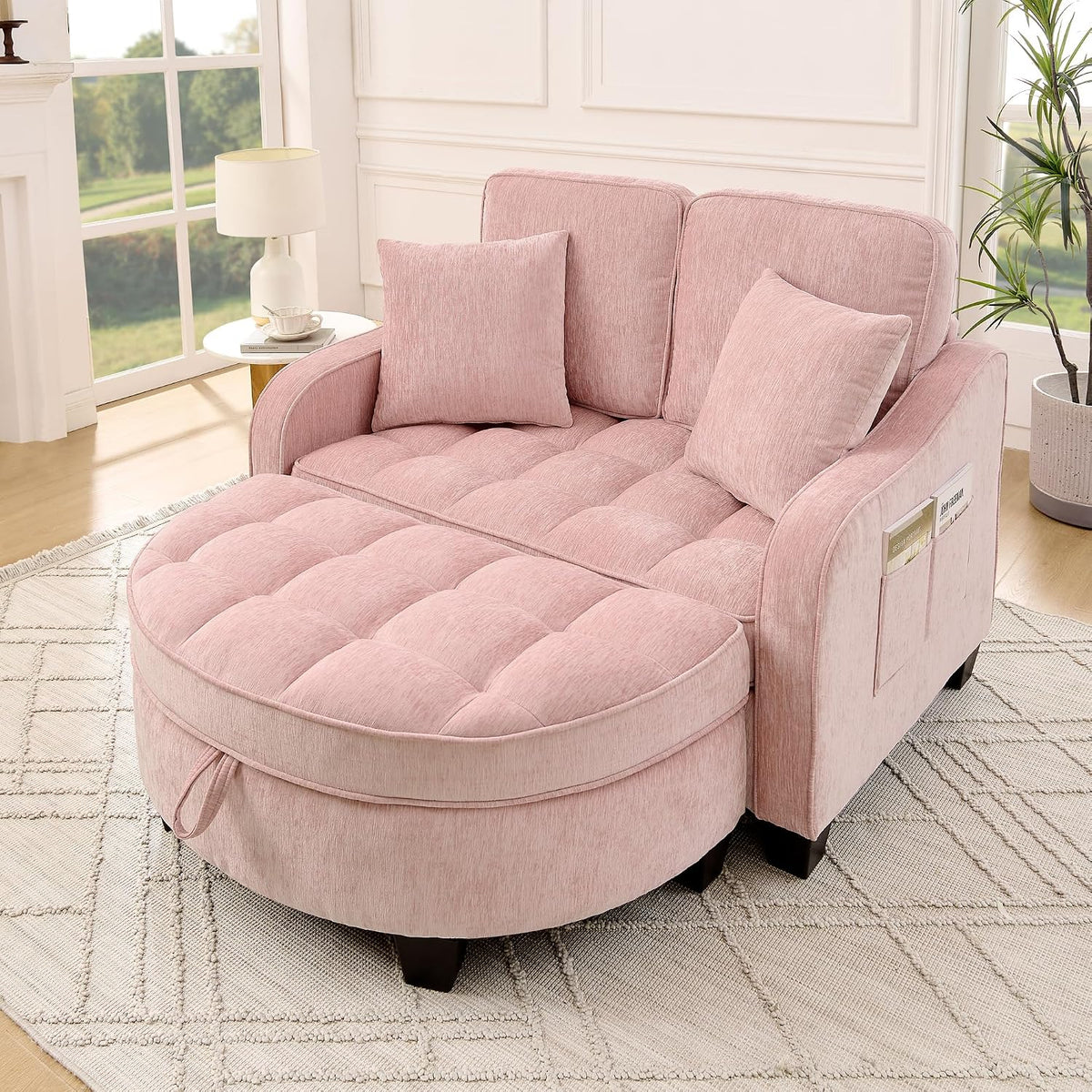 Sofa A ALFRESCOOL, 132×129×93 cm, Rosa, mit Schlaffunktion, 2-in-1 Schlafsofa, Modulares, Aufbewahrungs-Hocker & 4 Kisse